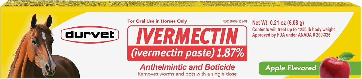 Ivermectin Paste 1.87% Horse Dewormer - Apple Flavored Oral Syringe 6.08g Tube