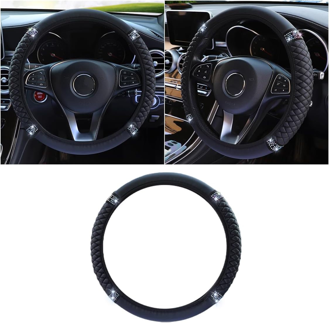 JOYCOURT 15 Inch Bling Soft Leather Car Steering Wheel Cover, Pink