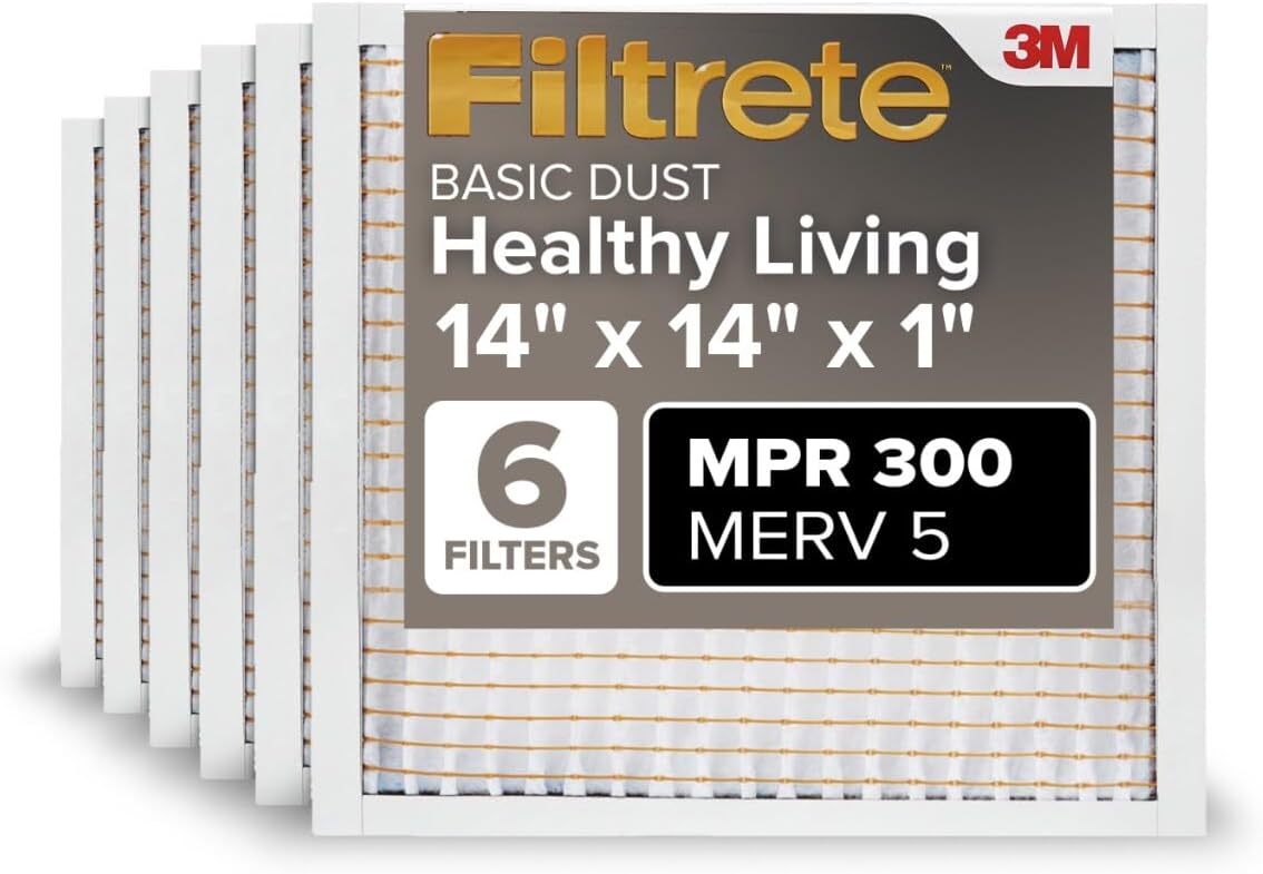 Filtrete 16x25x1 Air Filter MERV 5, 6-Pack AC Furnace HVAC, MPR 300 Basic Dust Defense, Pleated Electrostatic, Removes Lint