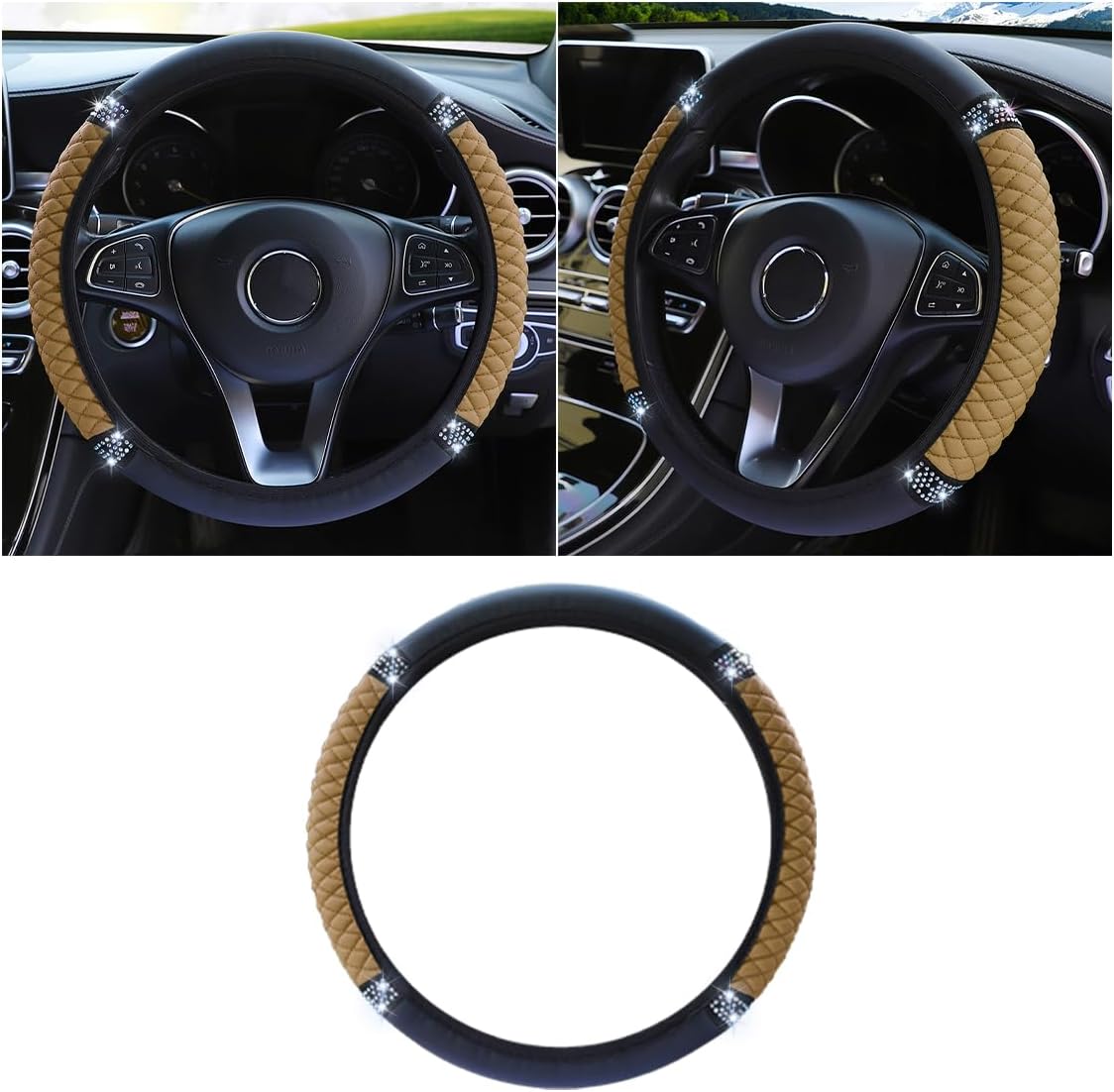 JOYCOURT 15 Inch Bling Soft Leather Car Steering Wheel Cover, Pink