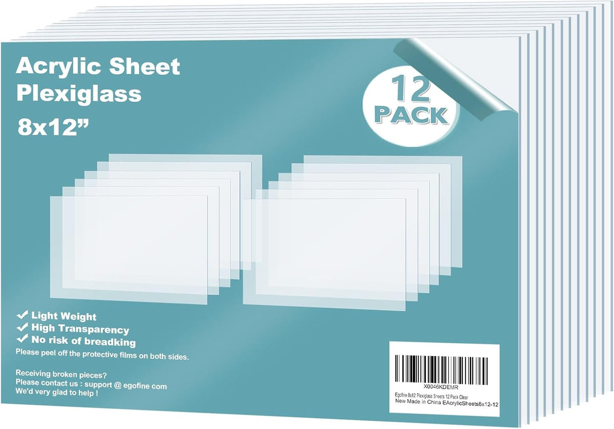 Egofine Plexiglass Sheets Acrylic Sheets 6 Pack of 8x10’’ 0.04 Thick Clear Plastic Cast Transparent Plexi Glass for Crafting Projects, Replacement Picture Frame Glass, DIY Display, Easy to Cut