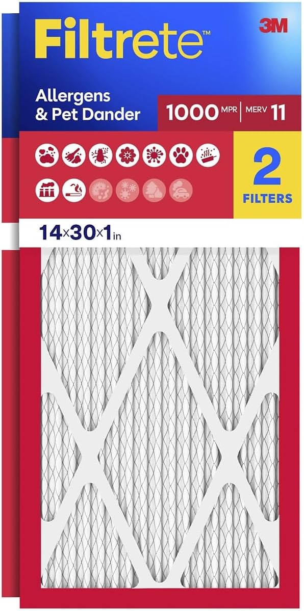 Filtrete 20x25x1 Air Filter, MERV 11, MPR 1000, Allergens & Pet Dander, 3-Month AC and Furnace Filters, Cleaner Air, Reliable Airflow, 2 HVAC Filters (Actual Size 19.68 x 24.68 x 0.81 in)