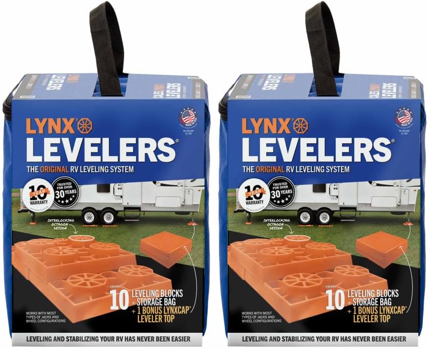 Lynx Levelers 11 Pack Including 1 Lynx Cap Level Top for RV/Trailer/Motorhome/Vanlife Interlocking Leveling Blocks with Storage Bag for Most Leveling and Stabilizing Functions. 00015, Made in USA.