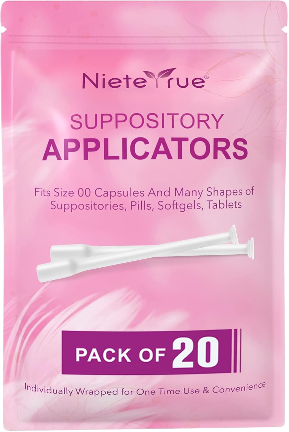 Nieteyrue Disposable Suppository Applicators Individually Wrapped Hygienic Fit to Size 00 Cap-sules and Many Shapes of Suppositories, Tablets Feminine Care Applicators from (20 Counts)