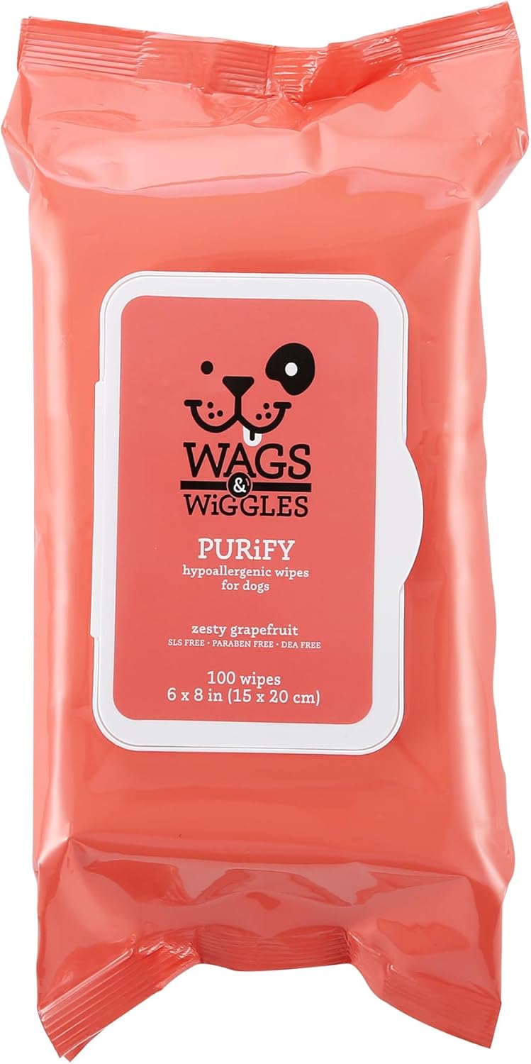 Wags & Wiggles Hypoallergenic Dog Wipes, Fragrance-Free, 100 Count | Waterless cleansing cloths for paws, face, and body, no SLS, parabens, or DEA for sensitive skin
