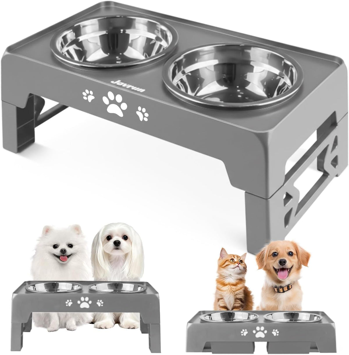 Jovrun Elevated Dog Bowls for Medium Large Size Dogs, Non-Slip Dog Feeder with 1*Stainless Steel Dishes & 1*Slow Feeder Bowl, 5 Heights Adjustable Raised Bowls to 3.15″-8.66″-9.84″-11.02″-12.2″