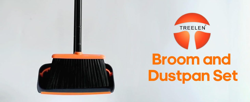 TreeLen Broom and Dustpan Set with 52" Long Handle for Home Kitchen Room Office Lobby Floor Use Upright Stand Up Stand Up Broom with Dustpan Combo