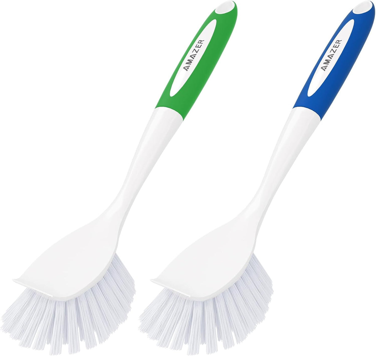 Amazer Dish Brush with Handle, 2 Pack Kitchen Scrub Brushes for Cleaning, Dish Scrubber with Stiff Bristles for Sink, Pots, Pans