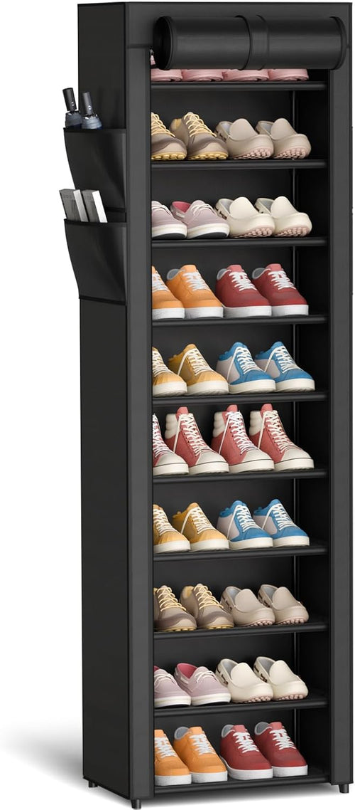 Kitsure 10-Tier Shoe Rack with Cover, Vertical Shelf, 17.5" Wide, Black