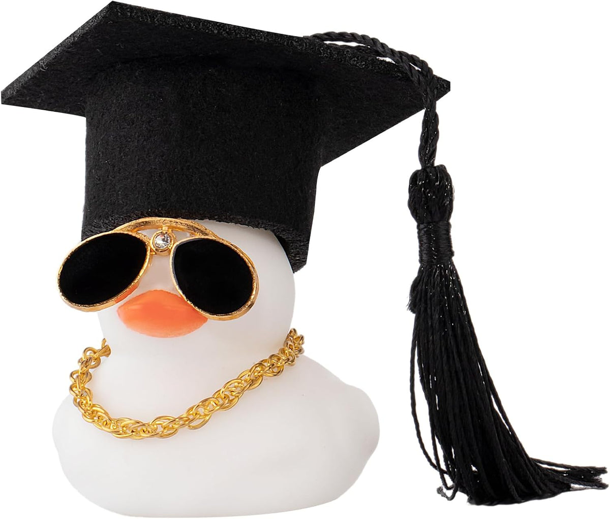 wonuu Car Dashboard Decor Graduation Hat Color Rubber Duck, Car Ducks Ornaments with Mini Graduation Hat Necklace Sunglasses (Gold)