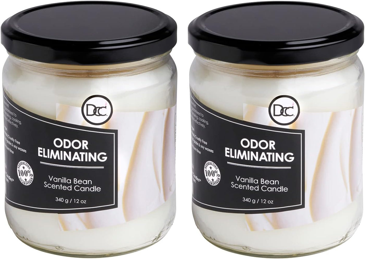 Vanilla Bean Odor Eliminating Highly Fragranced Candle - Eliminates 95% of Pet, Smoke, Food, and Other Smells Quickly - Up to 80 Hour Burn time - 12 Ounce Premium Soy Blend