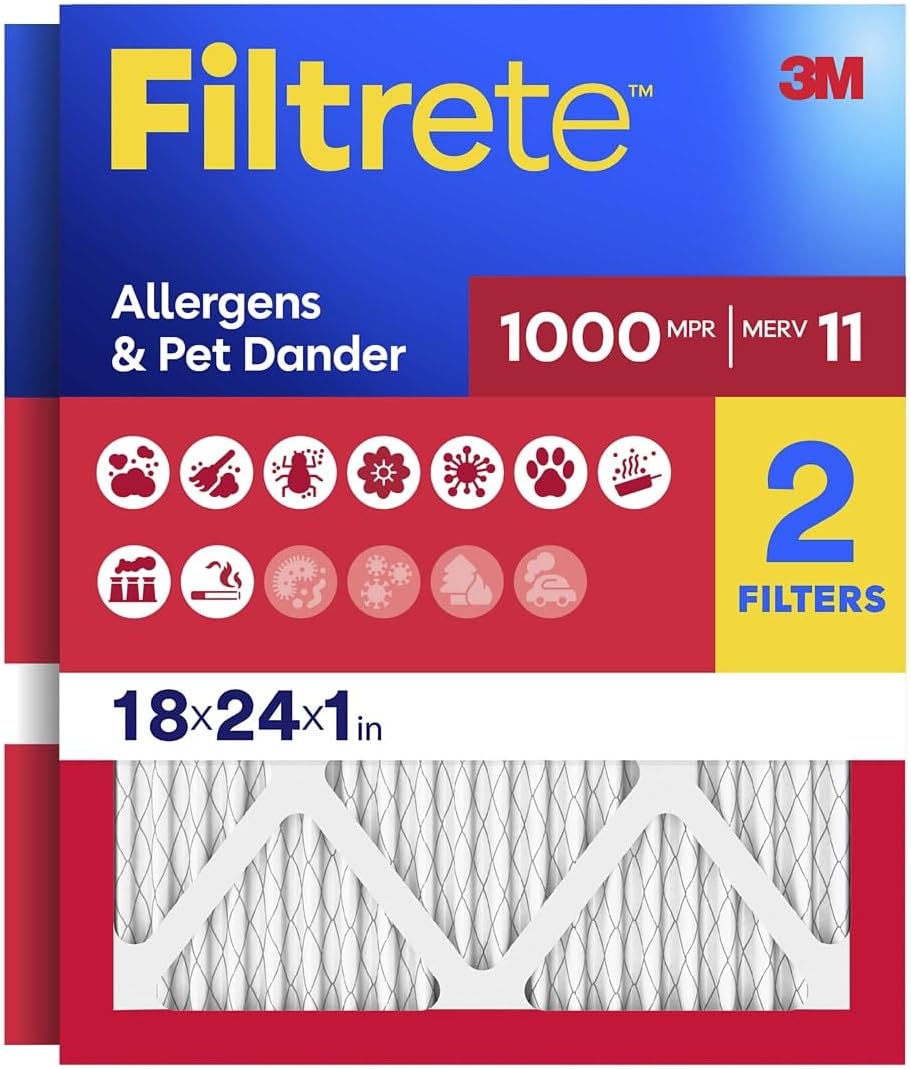 Filtrete 20x25x1 Air Filter, MERV 11, MPR 1000, Allergens & Pet Dander, 3-Month AC and Furnace Filters, Cleaner Air, Reliable Airflow, 2 HVAC Filters (Actual Size 19.68 x 24.68 x 0.81 in)