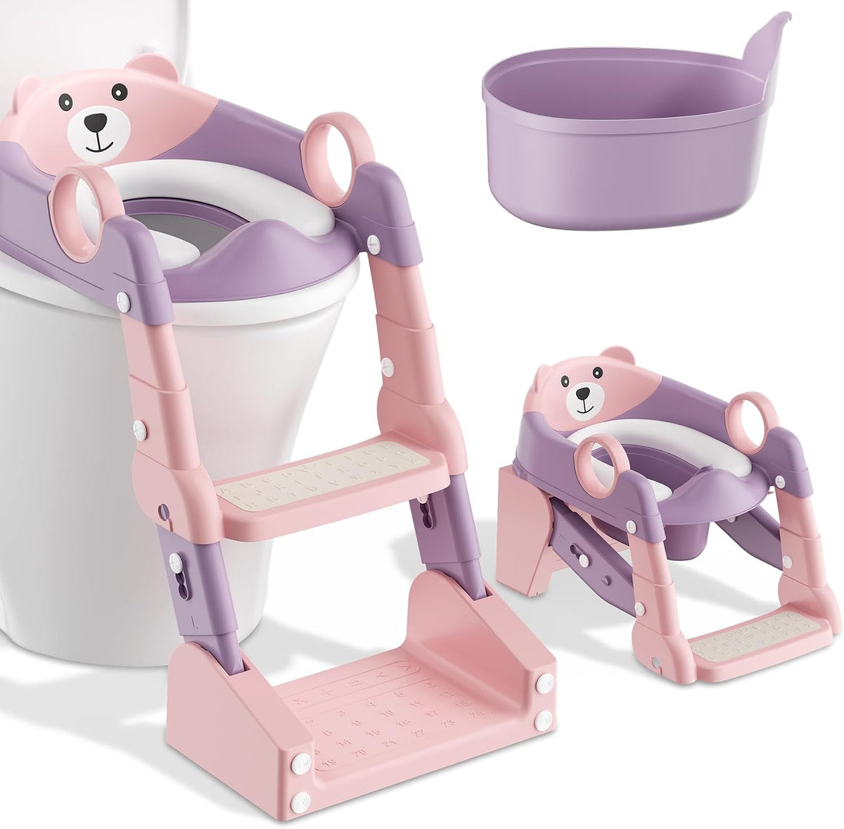 Rabb 1st® Potty Training Seat, Toddler Toilet Seat for Kids Boys Girls, 2 in1 Potty Training Toilet with Step Stool, 6 Adjustable Height, Splash Guard, Stable Triangular Anti-Slip Design(Grey)