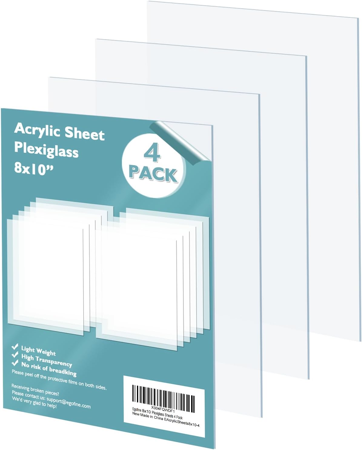 Egofine Plexiglass Sheets Acrylic Sheets 6 Pack of 8x10’’ 0.04 Thick Clear Plastic Cast Transparent Plexi Glass for Crafting Projects, Replacement Picture Frame Glass, DIY Display, Easy to Cut