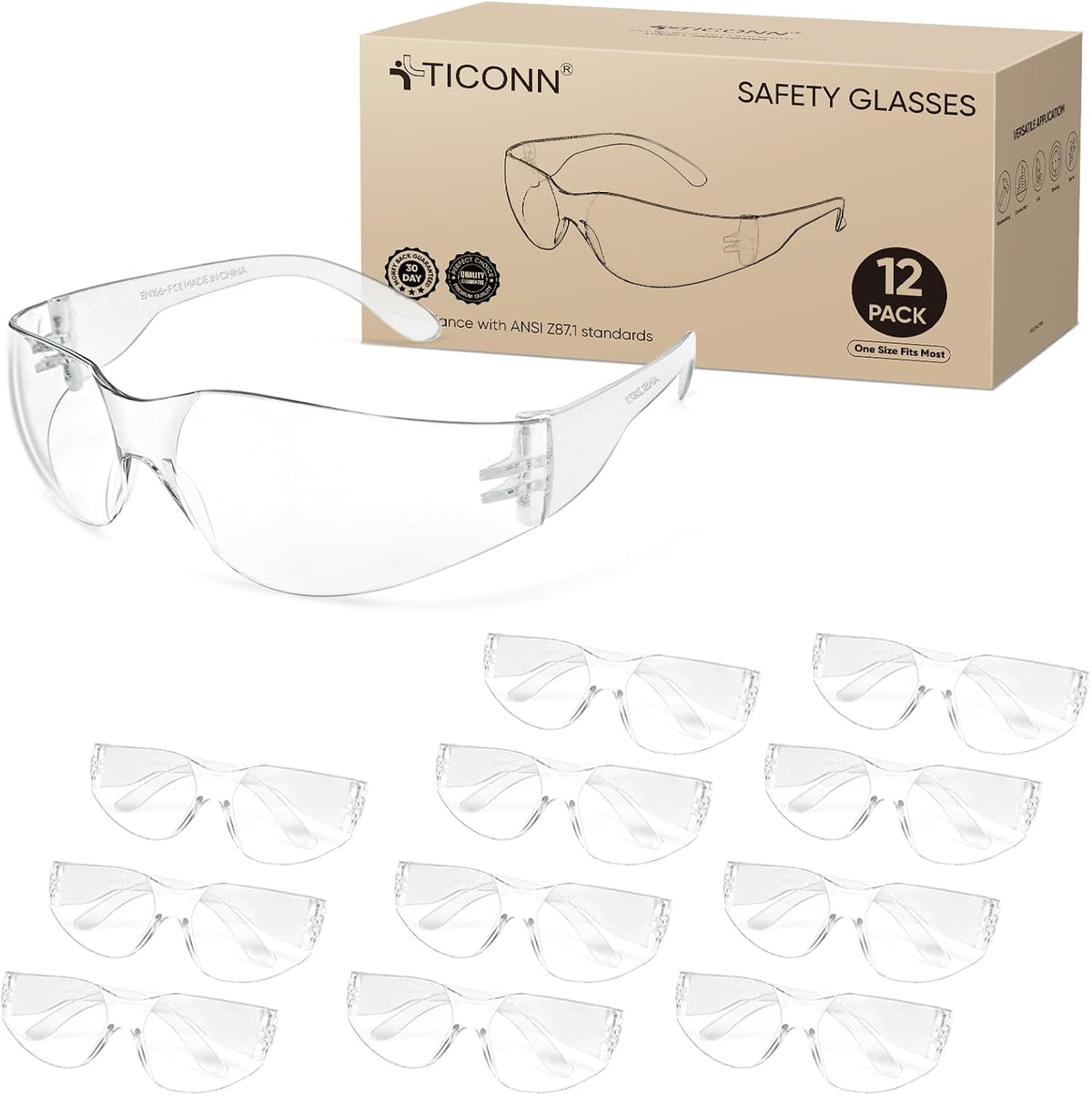 TICONN Clear Safety Glasses for Men & Women, ANSI Z87.1 Safety Goggles
