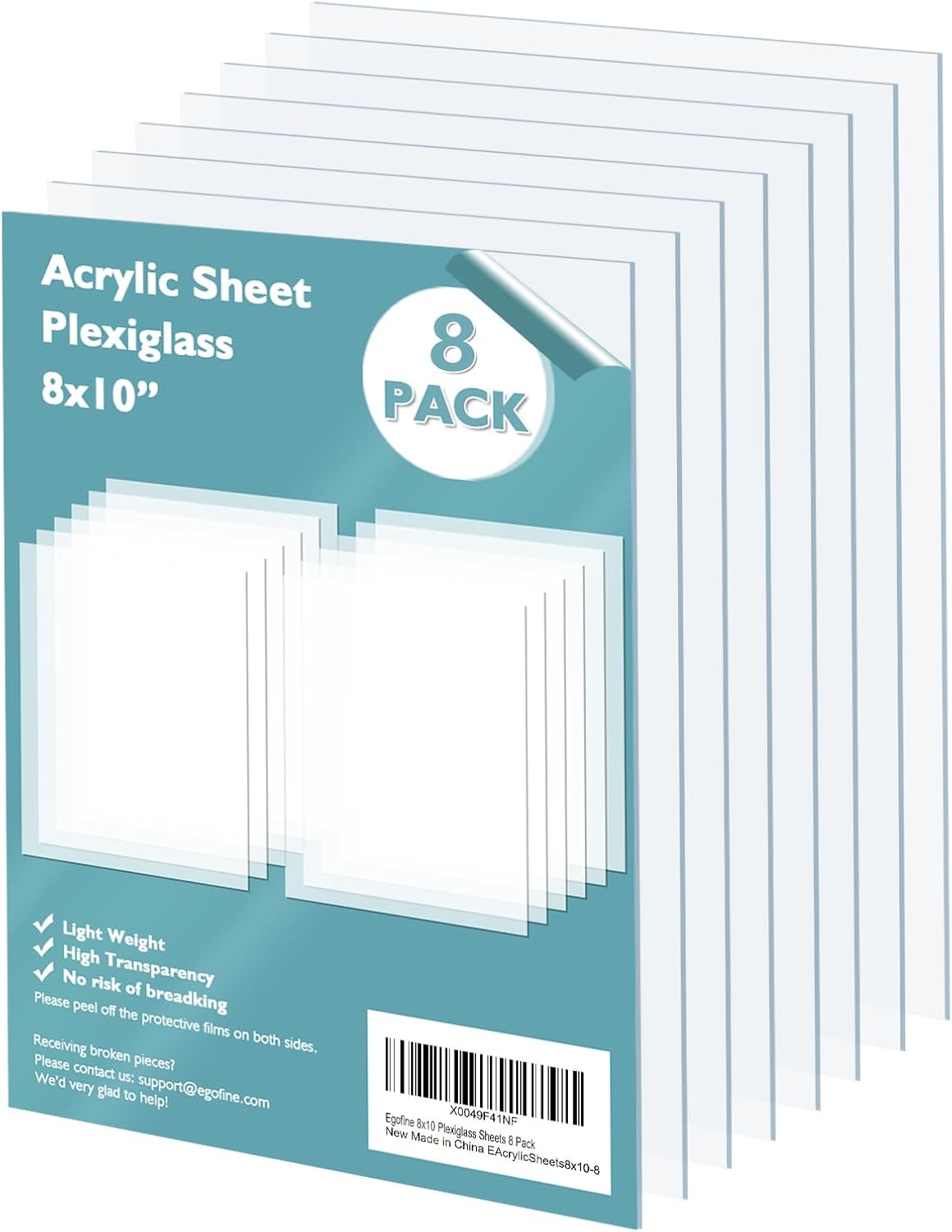Egofine Plexiglass Sheets Acrylic Sheets 6 Pack of 8x10’’ 0.04 Thick Clear Plastic Cast Transparent Plexi Glass for Crafting Projects, Replacement Picture Frame Glass, DIY Display, Easy to Cut