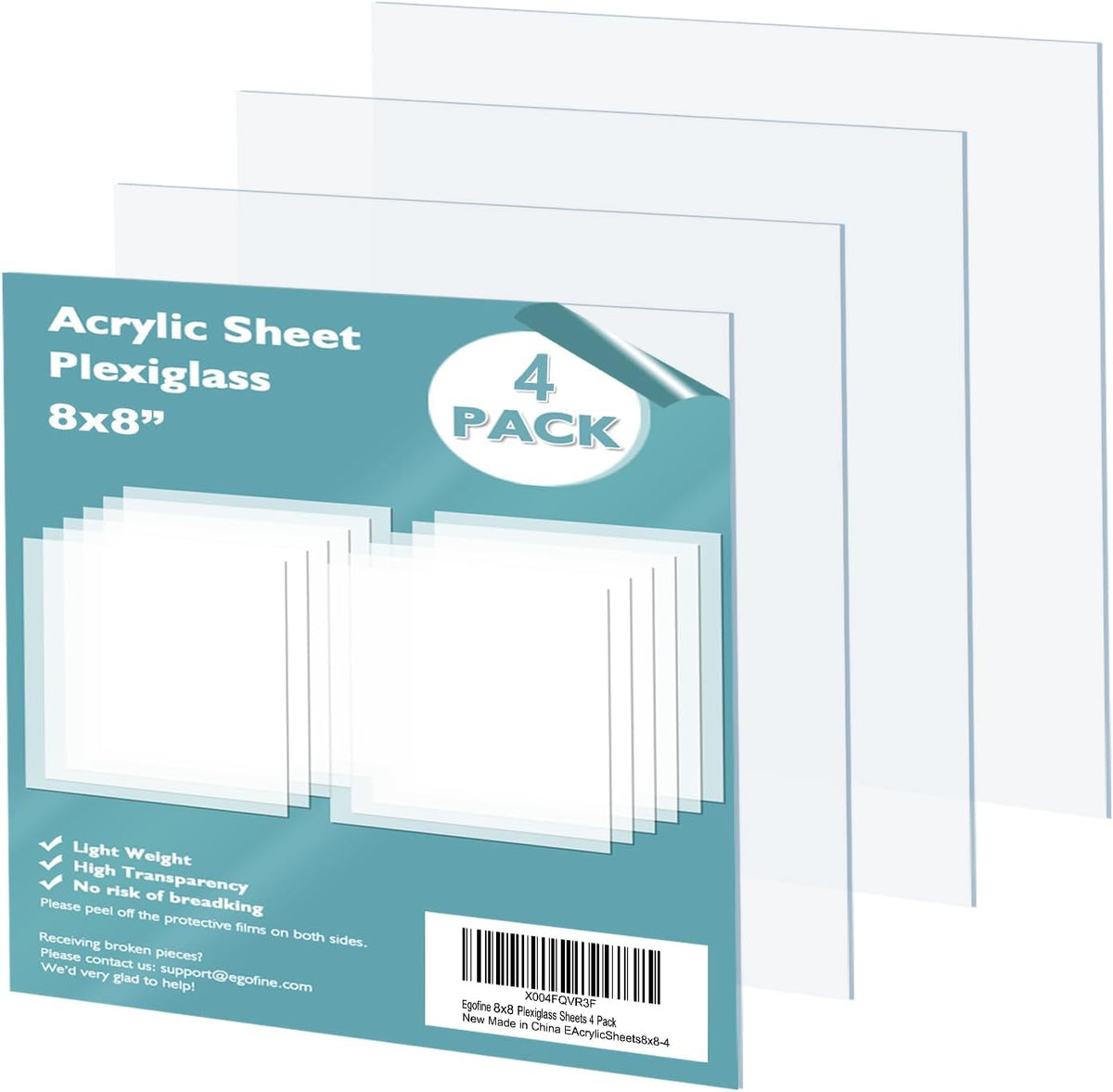 Egofine Plexiglass Sheets Acrylic Sheets 6 Pack of 8x10’’ 0.04 Thick Clear Plastic Cast Transparent Plexi Glass for Crafting Projects, Replacement Picture Frame Glass, DIY Display, Easy to Cut