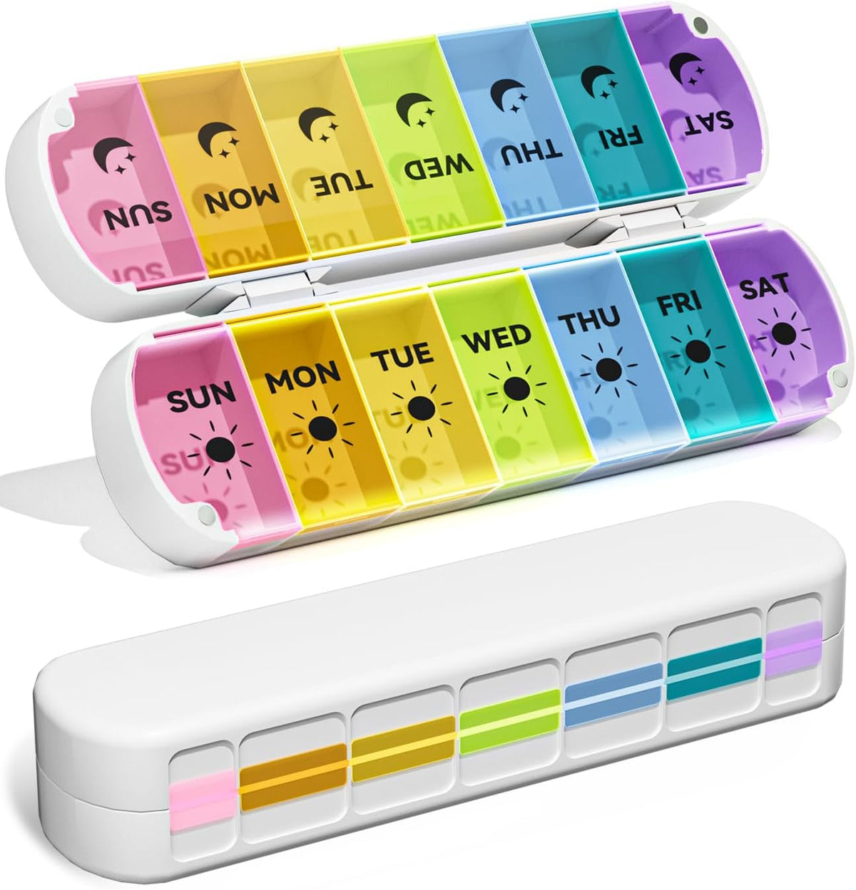Foldable Weekly Pill Organizer 2 Times a Day - Magnetic Moisture-Proof 7 Day Pill Box AM PM, Portable Travel Medicine Organizer with Removable Lids for Vitamins, Supplements and Fish Oils (Multicolor)