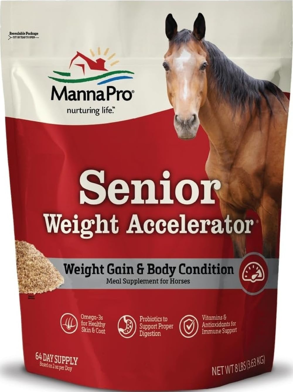 Manna Pro Weight Accelerator Horse Supplement, Meal Topper, Omega-3, 8 lb