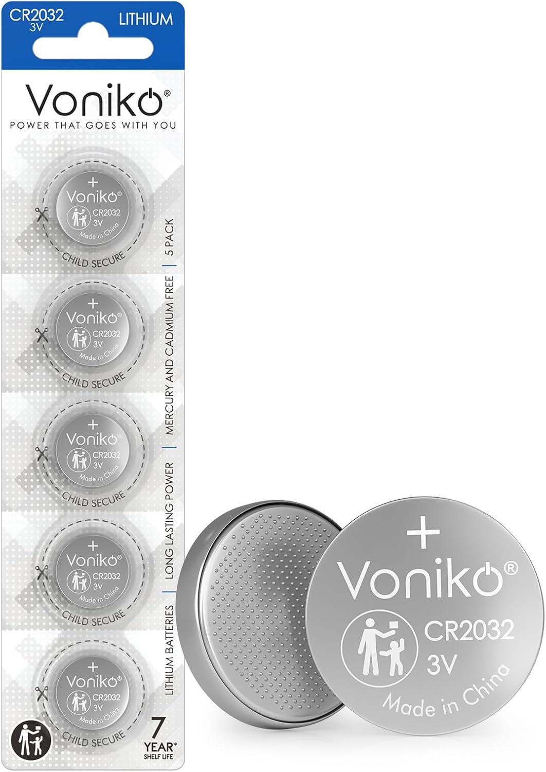 Voniko CR2032 3V Lithium Batteries 5 Pack for Child Safety, Compatible with AirTag, Key Fobs, Thermometers, Scales – 7 Years Shelf Life