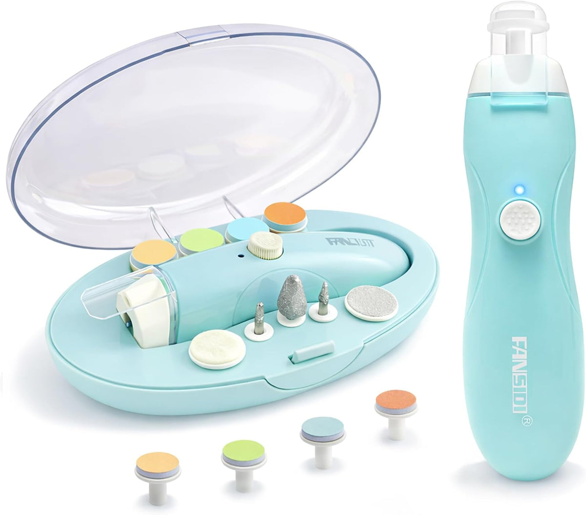 Fansidi Baby Nail Trimmer Electric, Easy & Safe Nail File for Newborn Infant Toddler, Whisper-Quiet Nighttime Use, 4-Stage Age-Matched Grinding Heads, LED Light, 18-Piece Kit, Blue, Baby Shower Gift