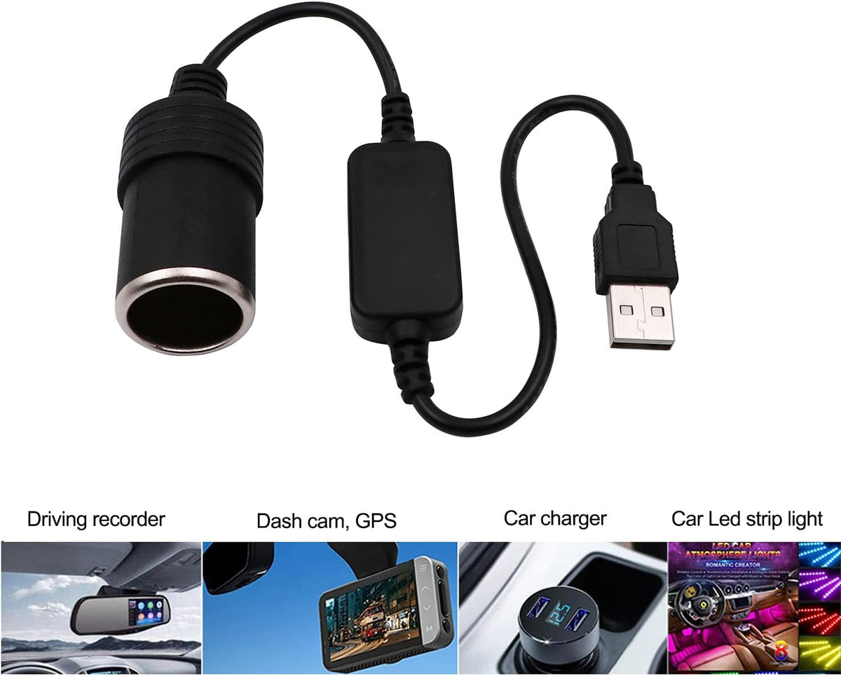 USB A Male to 12V Car Cigarette Lighter Socket Female Converter Cable (8W Max)