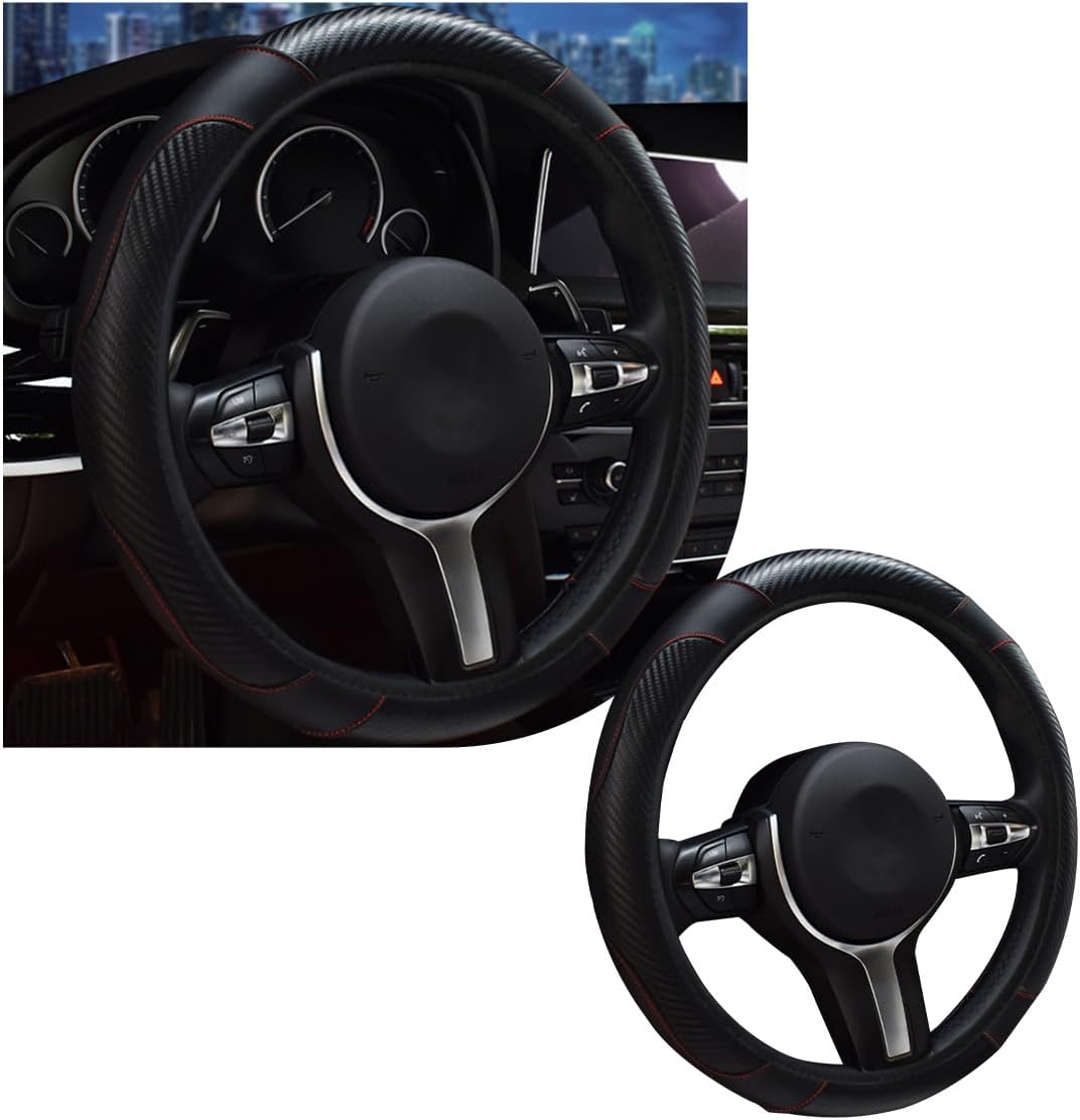 povtii Car Steering Wheel Cover, 15 Inch Leather Breathable Auto Steering Wheel Protector, Comfortable Non-Slip Vehicle Steering Wheel Covers, Universal Interior Car Accessories (Black+Pink)