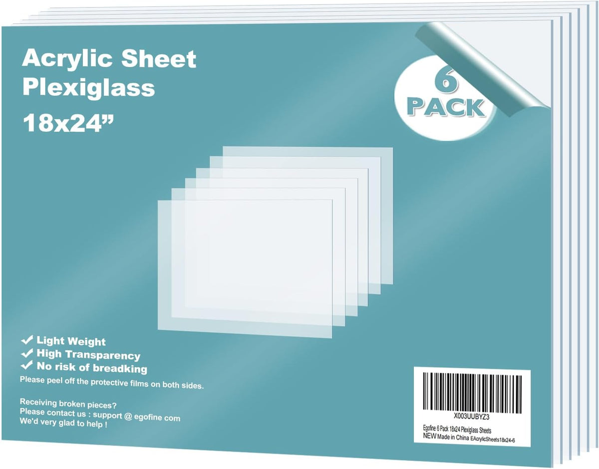 Egofine Plexiglass Sheets Acrylic Sheets 6 Pack of 8x10’’ 0.04 Thick Clear Plastic Cast Transparent Plexi Glass for Crafting Projects, Replacement Picture Frame Glass, DIY Display, Easy to Cut