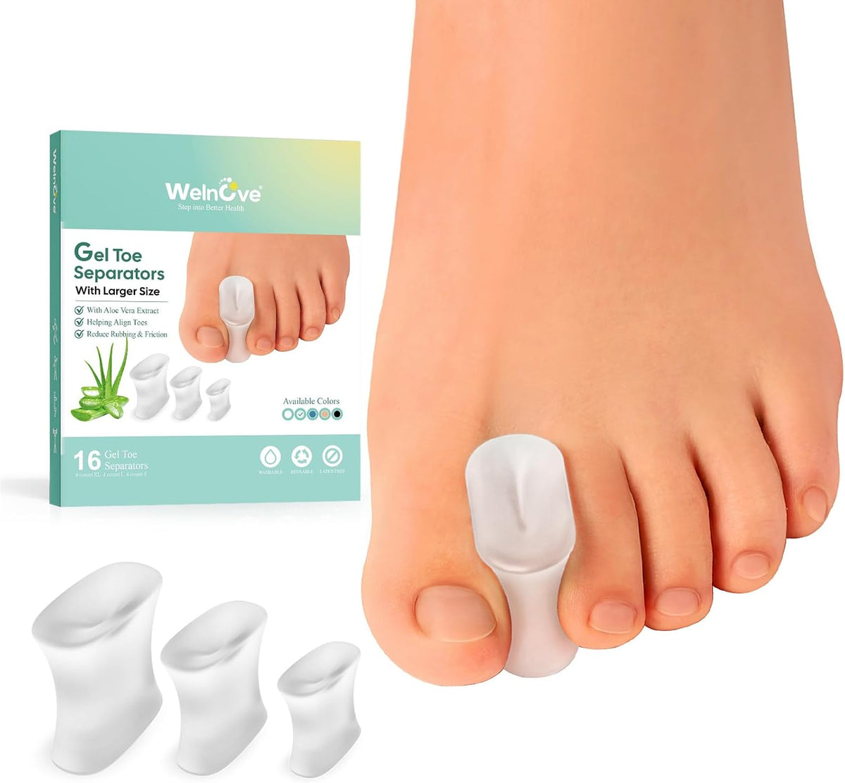 Welnove 12-Pack Gel Toe Separators – Bunion Pads – Toe Spacers for Straightening Overlapping Toes for Men and Women - Transparent