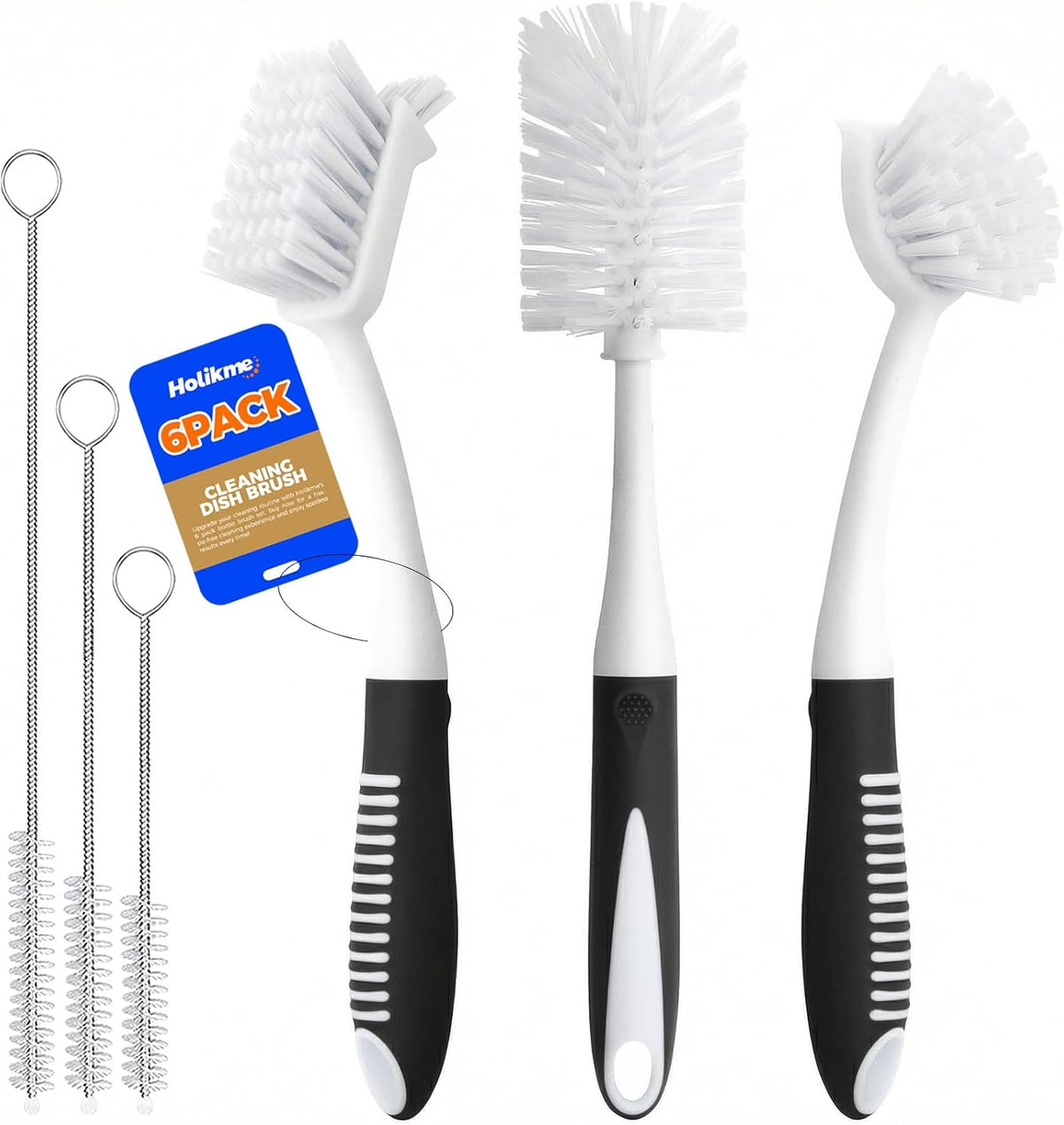 Holikme 6 Pack Dish Brush Set with Bottle Brush, Dish Scrub Brush,Gray