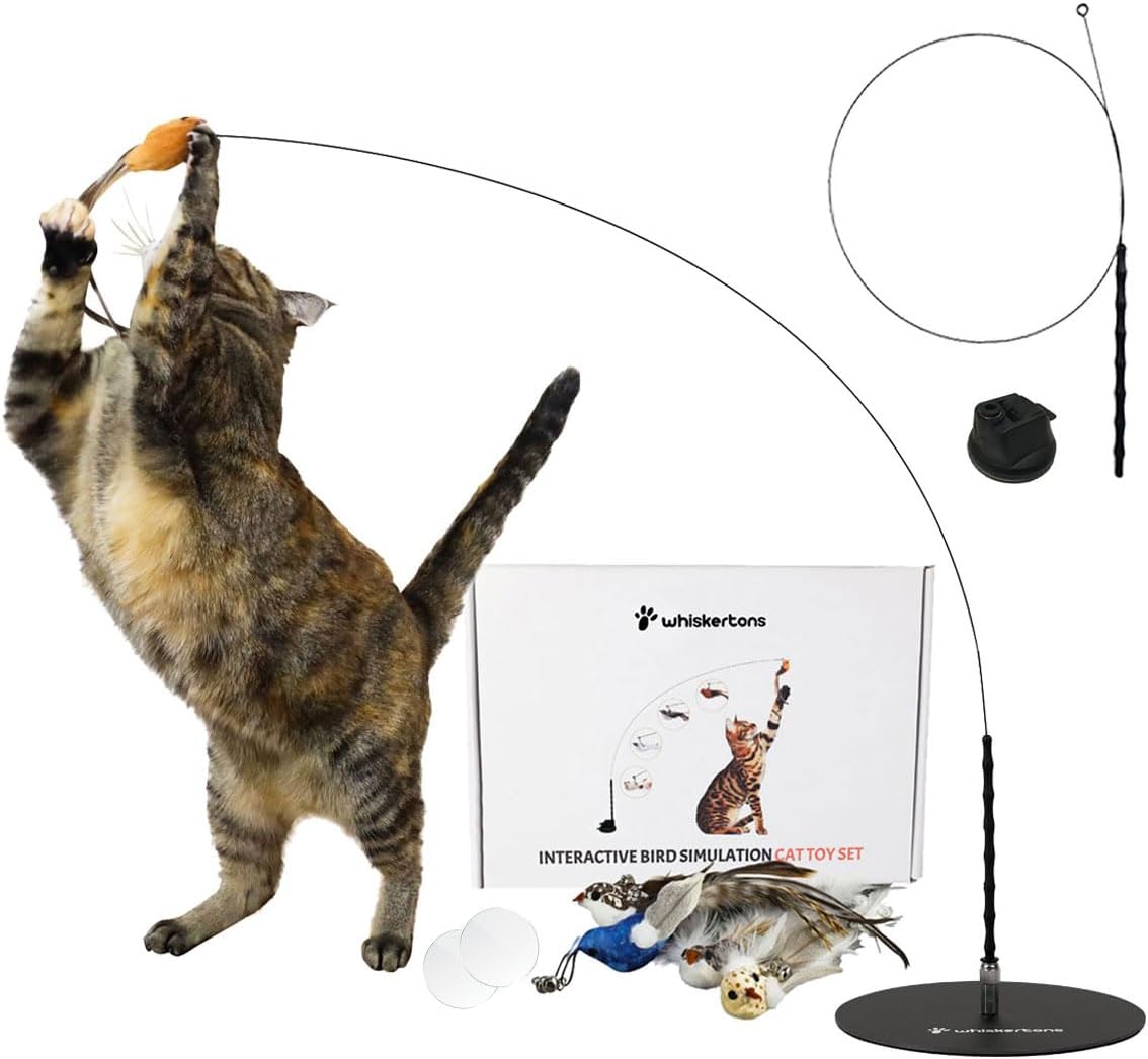 Whiskertons Interactive Bird Simulation Cat Toy Set, Interactive Cat Toys for Indoor Cats, Cat Feather Toy, Self-Holding Suction Base, 5 Replacement Birds, Feathers & Bells, Realistic Bird Impression