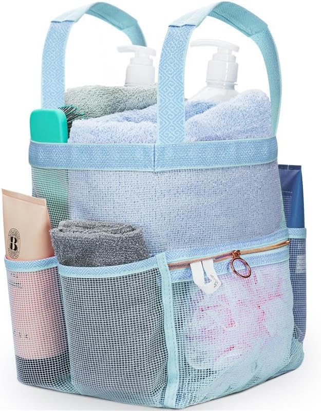 DV Lifestyle Mesh Shower Bag 10.2x9.9'' Quick-Dry Caddy with Zipper & 2 Pockets. Portable Toiletry Tote for Bathroom, Gym, Travel, Camp, Beach, for Sunscreen, Dorm & College Essentials (Black)