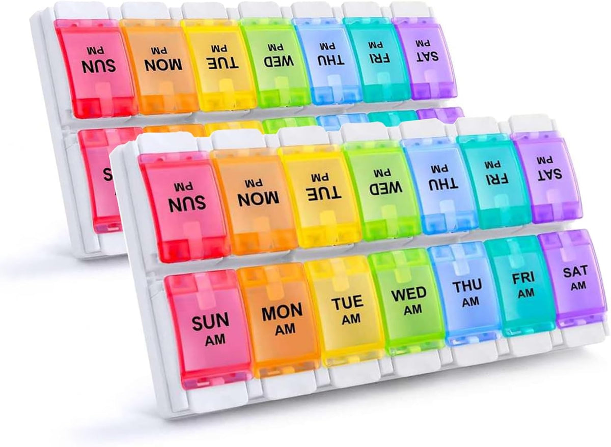 Sukuos AM PM Weekly Pill Organizer 2 Times A Day, Large Daily Pill Box Case 7 Day with Easy Push Button Design, Detachable Medicine Holder for Vitamin/Fish Oil/Supplements (Rainbow)