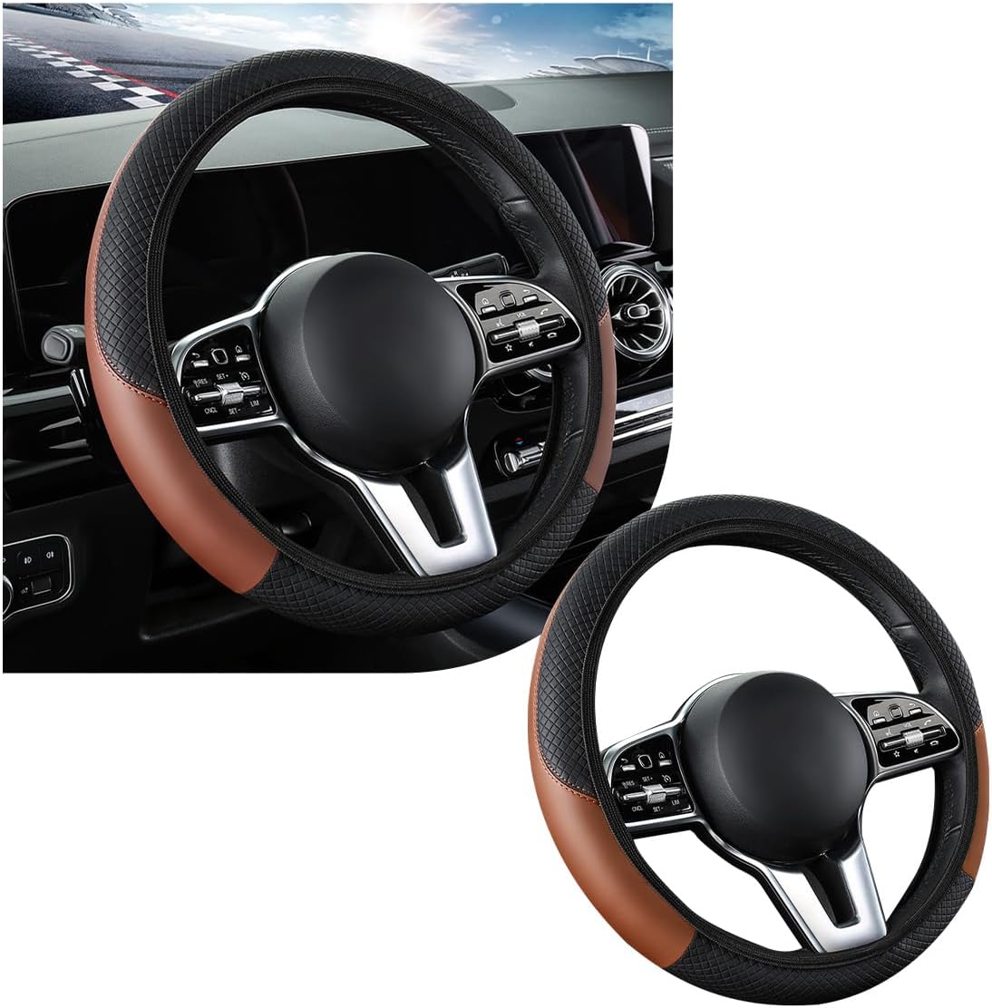 povtii Car Steering Wheel Cover, 15 Inch Leather Breathable Auto Steering Wheel Protector, Comfortable Non-Slip Vehicle Steering Wheel Covers, Universal Interior Car Accessories (Black+Pink)