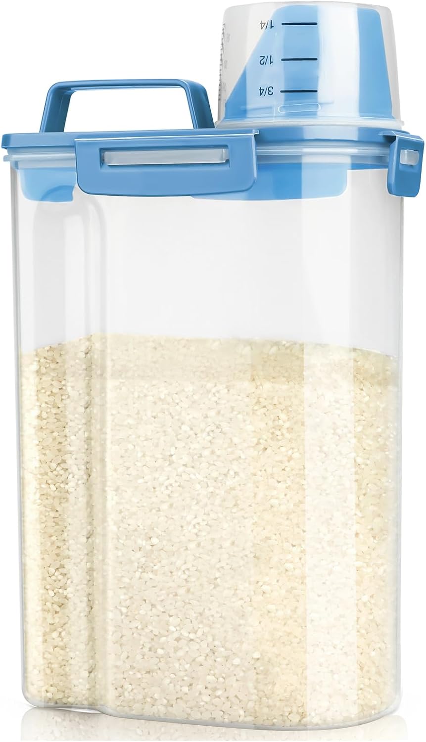 Viretec Rice Airtight Storage Container, 3 to 5Lbs Cereal Dry Food Flour Bin, Pet Dog Cat Food Dispenser with Measuring Cup, BPA Free Clear Plastic Kitchen and Pantry Organization Bin for Sugar