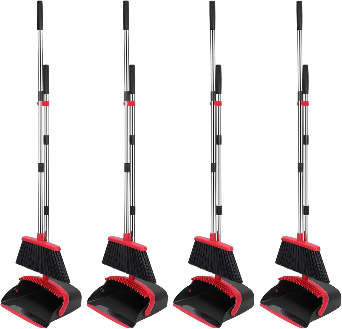 NACENA Broom and Dustpan Set, 52-in Long Adjustable Handle Broom Dustpan Combo with Dustpan Teeth to Automatically Clean Hair Suitable for Home Kitchen Office Hall Floor（Black&Red）