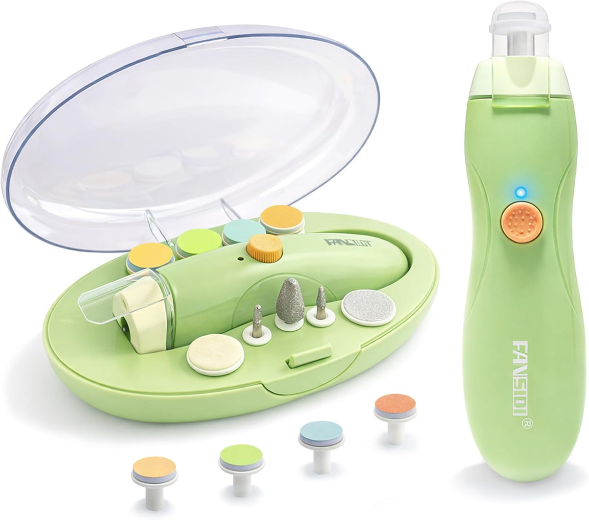 Fansidi Baby Nail Trimmer Electric, Easy & Safe Nail File for Newborn Infant Toddler, Whisper-Quiet Nighttime Use, 4-Stage Age-Matched Grinding Heads, LED Light, 18-Piece Kit, Blue, Baby Shower Gift