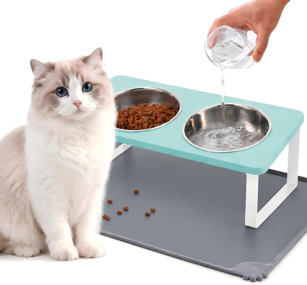 Upgraded Elevated Cat Bowls with Food Mat,15°Tilted Stand Anti Vomiting Raised Cat Dishes for Food and Water,2 Stainless Steel Bowls for Cats and Puppy