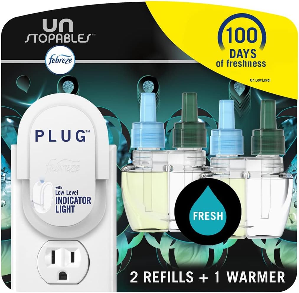 Febreze Plug-in Air Freshener, Odor-Fighting Scented Oil Refill, Air Fresheners for Home, Bathroom and Kitchen, Long Lasting, Unstopables Fresh Scent, 0.87oz Refills, Multi Color, 3 Count