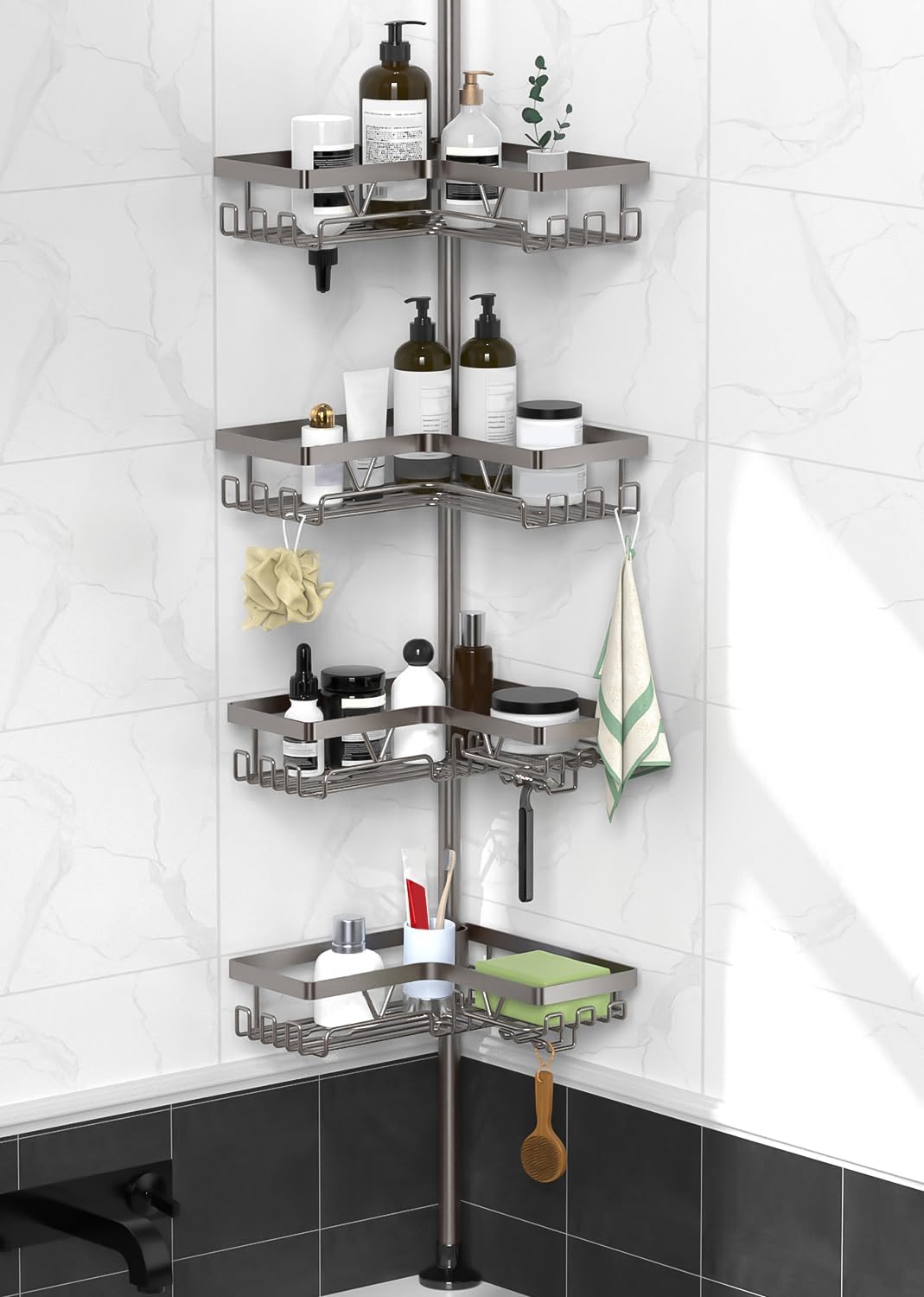 KEGII Corner Shower Caddy Tension Pole, Large Capacity Bathroom Organizer