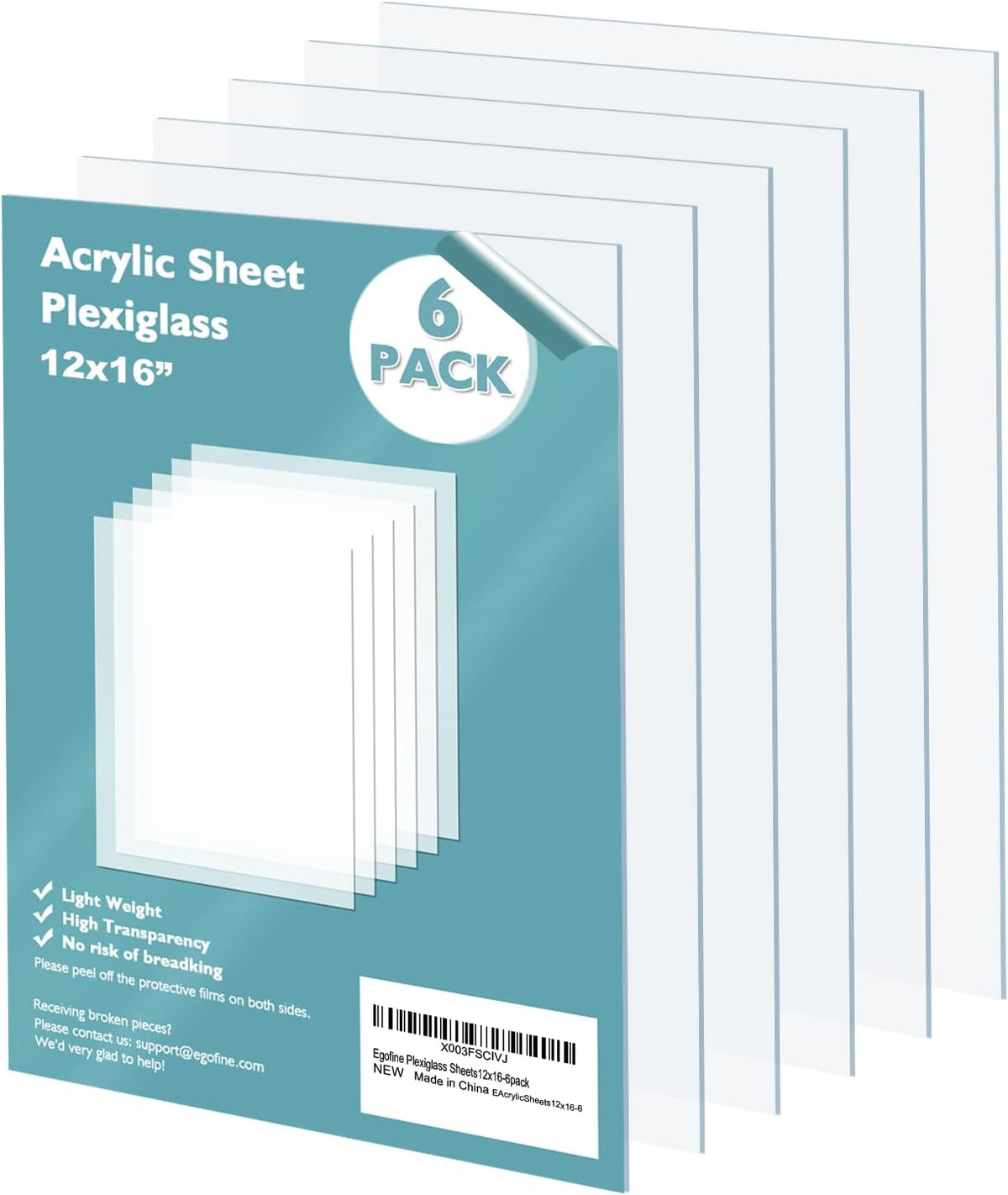 Egofine Plexiglass Sheets Acrylic Sheets 6 Pack of 8x10’’ 0.04 Thick Clear Plastic Cast Transparent Plexi Glass for Crafting Projects, Replacement Picture Frame Glass, DIY Display, Easy to Cut