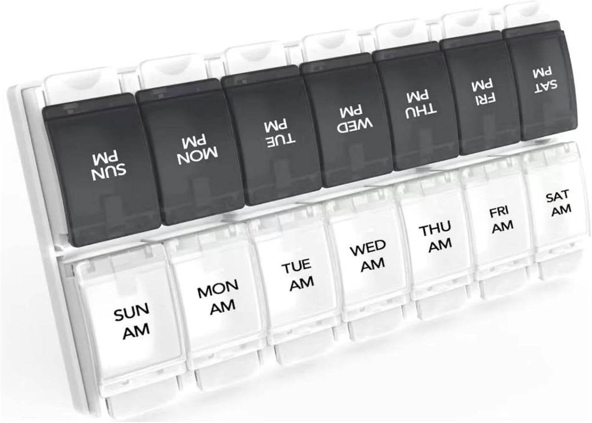 Sukuos AM PM Weekly Pill Organizer 2 Times A Day, Large Daily Pill Box Case 7 Day with Easy Push Button Design, Detachable Medicine Holder for Vitamin/Fish Oil/Supplements (Rainbow)