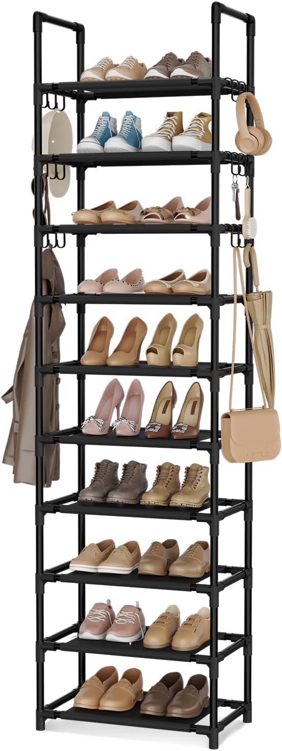 VTRIN 10 Tier Shoe Rack Tall Large Capacity Wide Shoe Organizer with Two Hooks Sturdy Metal Shoe Shelf for Entryway, Closet, Bedroom