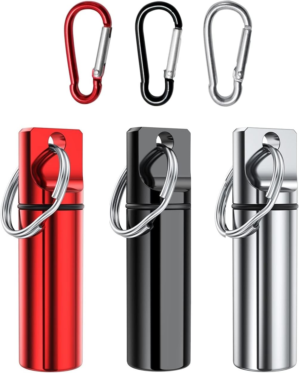 Small Portable Pill Box Keychain (3 Pack), Aluminium Alloy Mini Pill Organizer Case Container for Purse,Waterproof Metal Pill Holder Medicine Bottle for Outdoor Camping Travel(Black+Silver+Red)