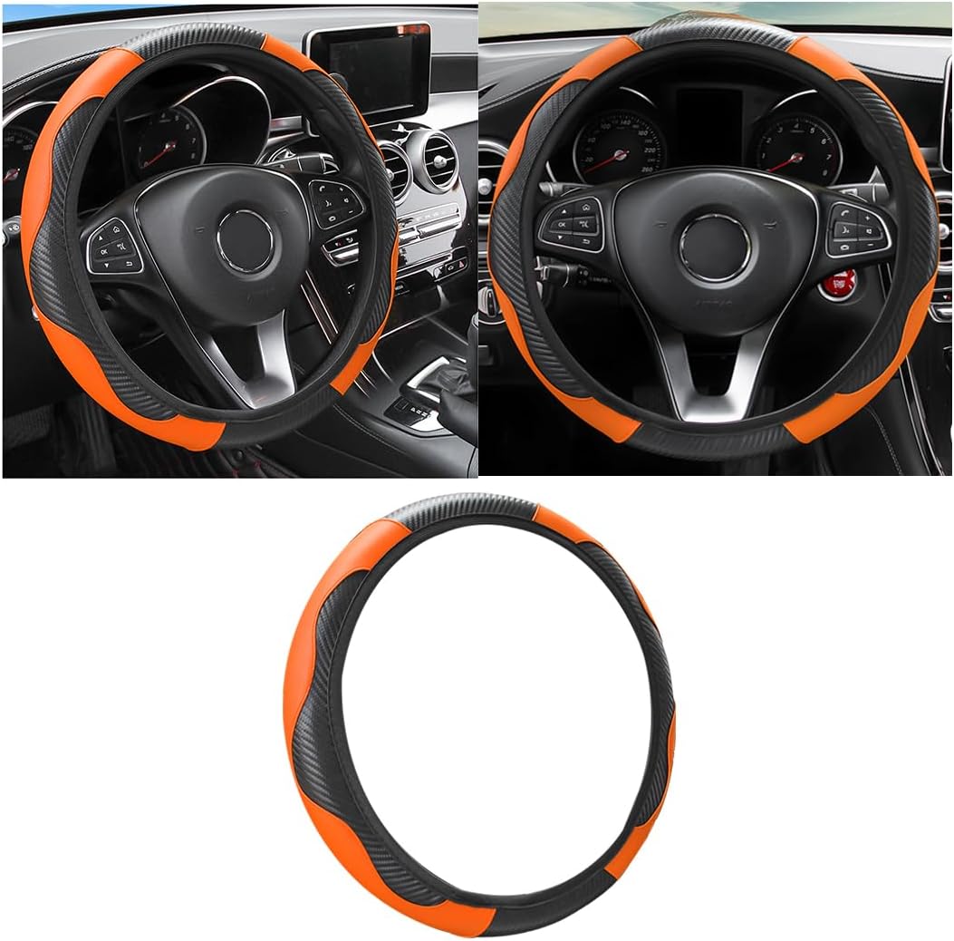 Osilly 15 Inch Carbon Fiber PU Leather Steering Wheel Cover, Red
