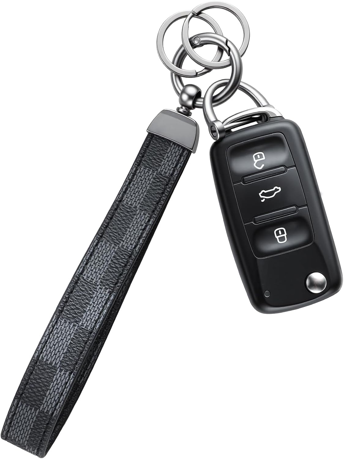 JUSTTOP Leather Keychain, Carbon Fiber Car Key Chain with Anti-Lost D-Ring and 2 Key Ring, Keychain Wristlet, Car Accessories, Universal Keychain for Men and Women (Black)