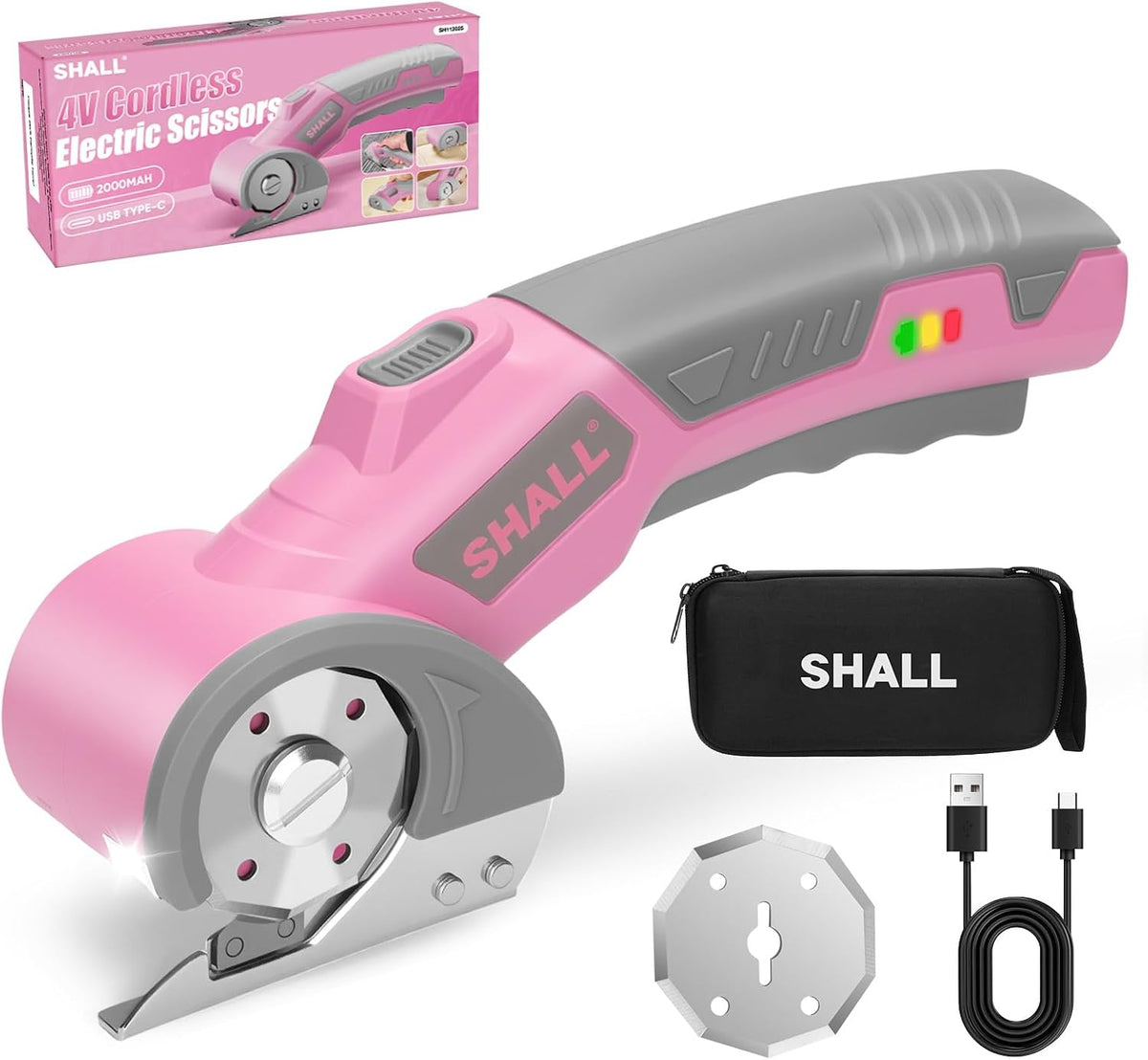 SHALL 4V Cordless Electric Scissors, Rechargeable Cardboard Cutter, Rotary Electric Box Cutter w/Safety Lock, LED Light & Replacement Blade for Fabric, Leather, Carpet, Cardboard & Plastic, Pink/Grey