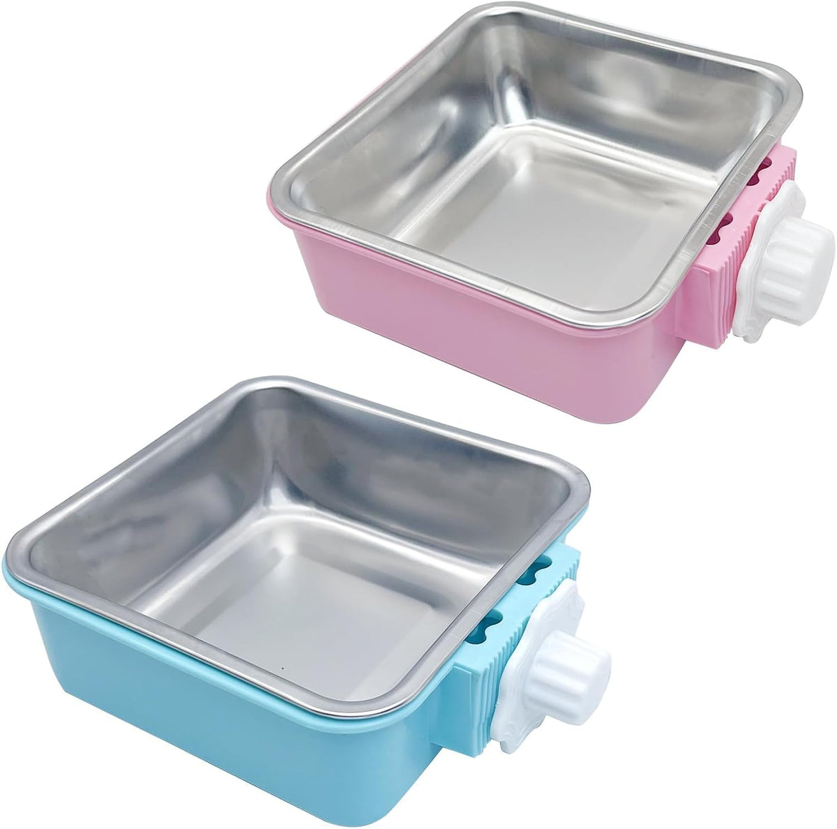 kathson Crate Dog Bowl, Removable Stainless Steel Hanging Pet Kennel Cage Bowl Food & Water Feeder Coop Cup for Puppy, Cat, Rabbit, Guinea Pigs Ferret Bird (2 PCS, Size: M, Blue and Green)