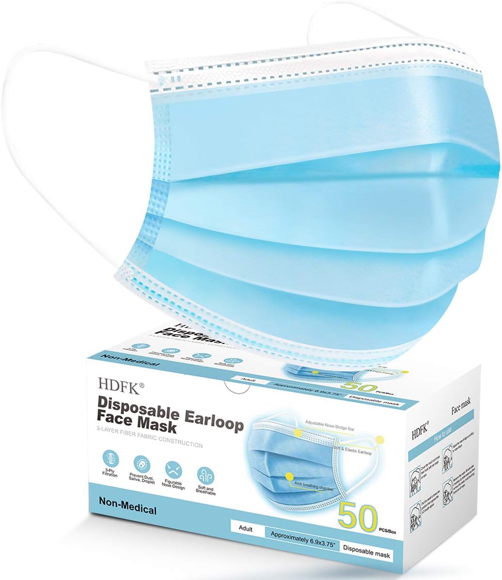 HDFK Face Mask Disposable Adults 3Ply Non-Woven with Nose Clip Blue 50Pack