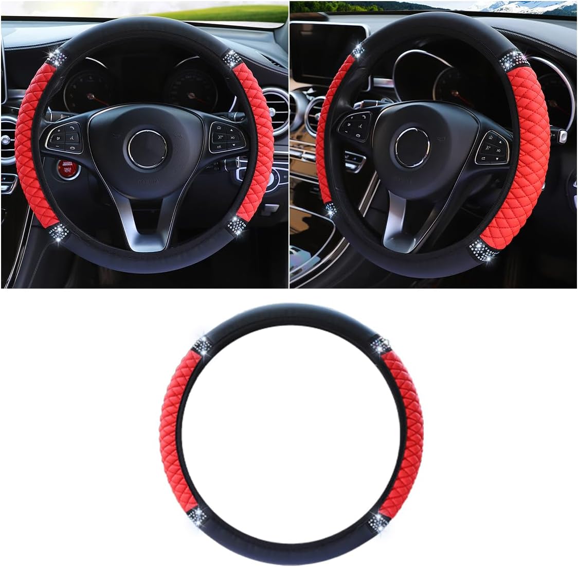 JOYCOURT 15 Inch Bling Soft Leather Car Steering Wheel Cover, Pink
